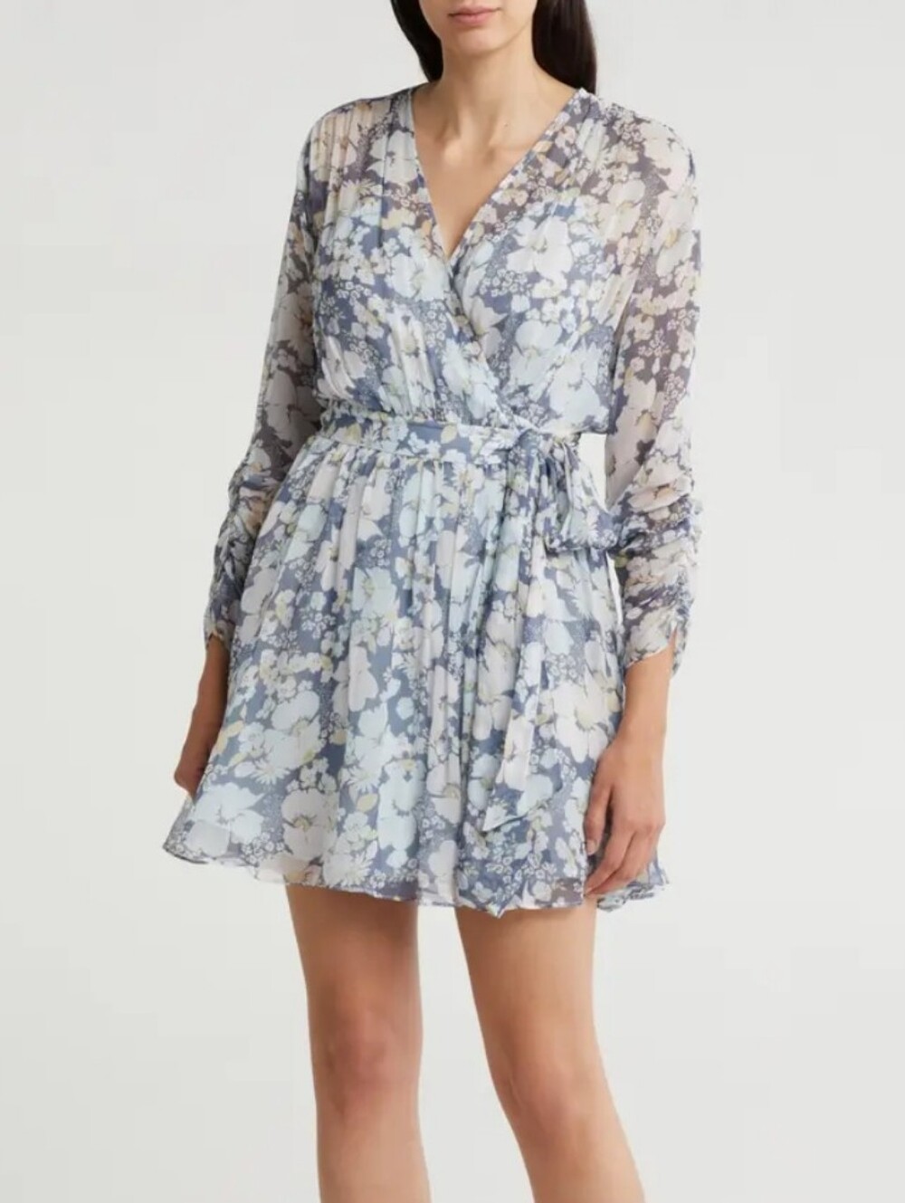 Joie Floral Wrap 200% Silk V-Neck Mini Dress in Light Blue XXS New